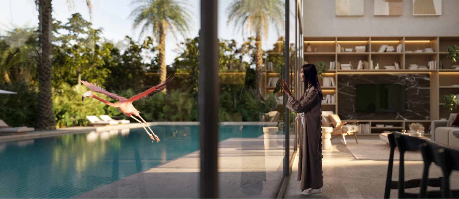 Contemporary architecture with natural stone and wood accents at Saadiyat Lagoons